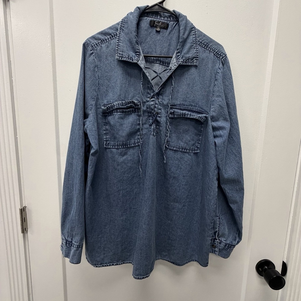 Women's Blue Denim Lace-Up Shirt Long Sleeve with Chest PocketsSize 1X